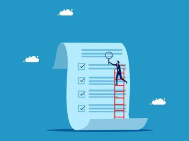 Belgeleri kontrol et. Elinde büyüteç tutan bir işadamı rapor kâğıdı vektöründe merdivenleri çıkıyor.