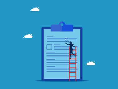 Belgeleri kontrol et. İş kadını elinde bir büyüteçle raporlu kağıt vektöründe merdivenleri çıkıyor.