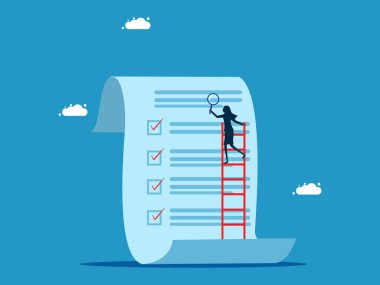 Belgeleri kontrol et. İş kadını elinde bir büyüteçle raporlu kağıt vektöründe merdivenleri çıkıyor.