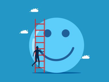 Pozitif iş. Adam iyimser düşüncelerle merdivenleri çıkıyor. Vektör