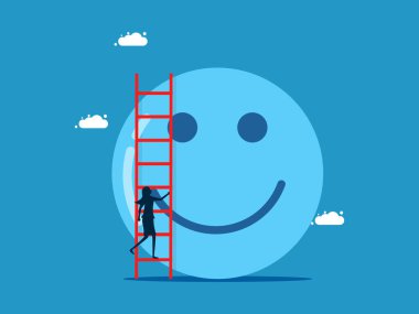 İş dünyasına olumlu bak. İş kadını iyimser düşüncelerle merdivenleri çıkıyor. Vektör