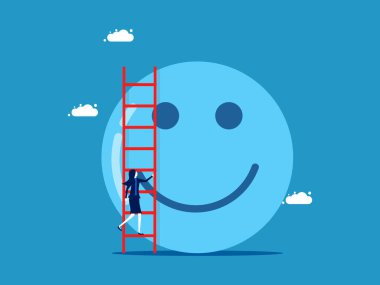 Pozitif iş. İş kadını iyimser düşüncelerle merdivenleri çıkıyor. Vektör