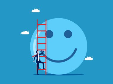 Pozitif iş. İş adamı iyimser düşüncelerle merdivenleri çıkıyor. Vektör