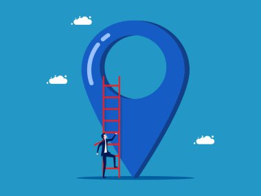 İş yeri konsepti. İşadamı basamakları iğne simgesiyle tırmanır. Vektör