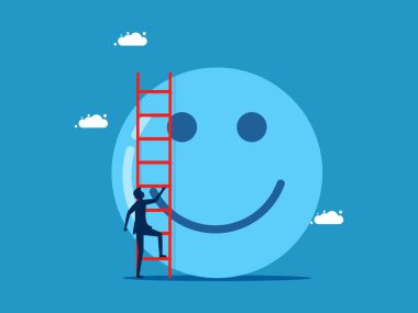 İş dünyasına olumlu bak. İş adamı iyimser düşüncelerle merdivenleri çıkıyor. Vektör