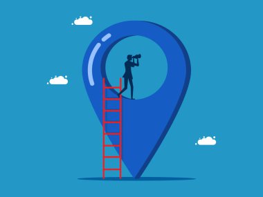 İş yeri bulmak için fikirler. İşadamı basamakları iğne simgesiyle tırmanır. Vektör