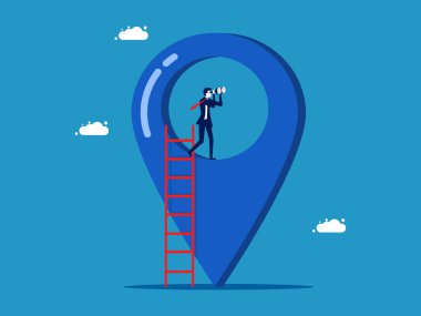 Bir iş yeri bul. İğne simgesindeki dürbüne bakan bir iş adamı. Vektör