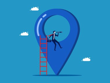 Bir iş yeri bul. İğne simgesindeki dürbüne bakan bir iş adamı. Vektör