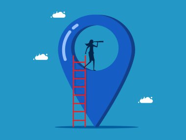 Bir iş yeri bul. İş kadını iğne ikonunda dürbüne bakıyor. Vektör