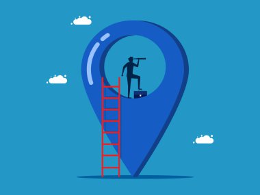 Bir iş yeri bul. Adam iğne ikonundaki dürbüne bakıyor. Vektör