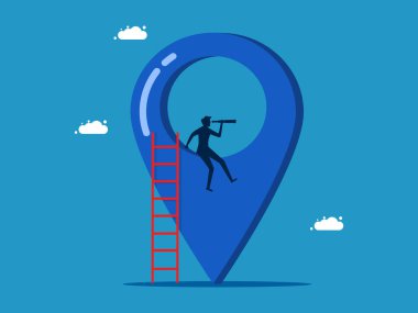 Öngörü. İş adamı iğne simgesindeki dürbünlere bakıyor. Vektör