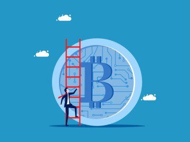 Kripto para birimleri büyüyor. İşadamı dijital paralarla merdivenleri çıkıyor. vektör