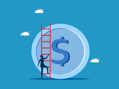 Para büyüyor. Adam para basamaklarını tırmanıyor. vektör