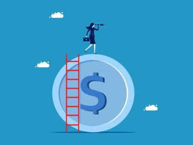 Finansal geleceğe bakıyorum. İş kadını büyük bir madeni paradaki dürbünle bakar. Vektör