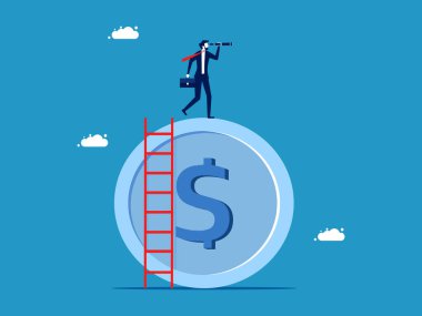 Finansal geleceğe bakıyorum. İş adamı büyük bir madeni paradaki dürbünle bakar. Vektör