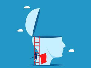 Başarılı fikirler bunlar. Elinde zafer bayrağı olan bir iş kadını merdivenlerden büyük bir kafanın üzerine çıkıyor. Vektör