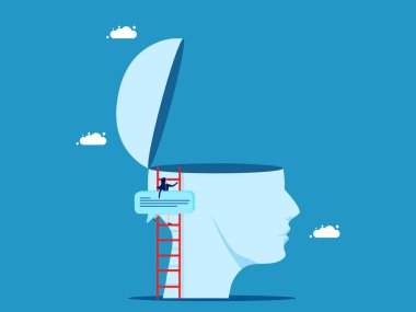 İletişim konsepti. İş kadını elinde bir konuşma balonu tutarak koca kafayla merdivene tırmanıyor. Vektör