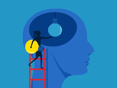 Düşünceni değiştir. Kadın koca kafasında ampul değiştiriyor. Vektör