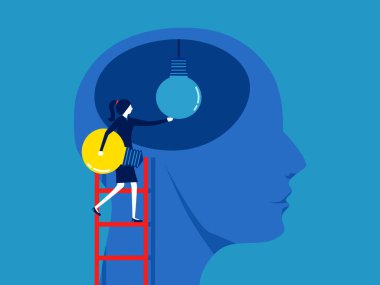 Bunama. İş kadını koca kafasındaki ampulü değiştiriyor. Vektör