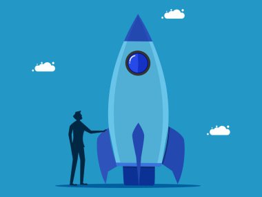 Yeniliği keşfet. Roketli bir iş adamı. Vektör illüstrasyonu