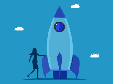 Yeniliği keşfet. Roketli kadın. Vektör illüstrasyonu