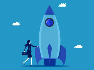 Yeniliği keşfet. Roketli bir iş kadını. Vektör illüstrasyonu