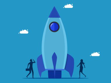 Yeniliği keşfet. İşadamı durur ve rokete bakar. Vektör illüstrasyonu