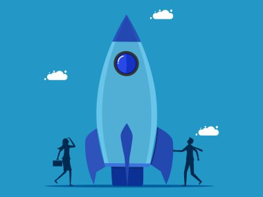 Yeni bir yenilik. İşadamı durur ve rokete bakar. Vektör illüstrasyonu