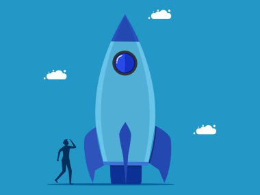 İş yeniliği. İşadamı durur ve rokete bakar. Vektör illüstrasyonu