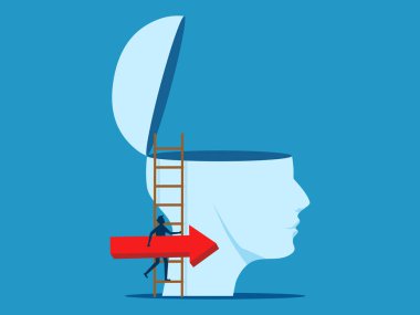 Büyümeyi düşün. Adam büyüyen oku koca kafasında tutuyor. vektör