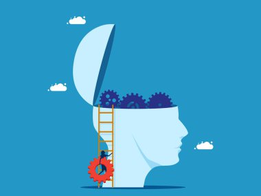 Düşünce mekanizması. İş kadınının elinde bir vites var. Vektör