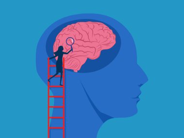 Beyin analizi. İş kadını beyne bakmak için büyüteç kullanıyor. vektör