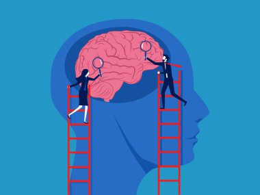 Beyin analizi. İş adamı takımı beyne bakmak için büyüteç kullanıyor. vektör