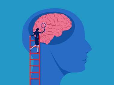 Kavramları analiz et. İş kadını beyni incelemek için büyüteç kullanıyor. vektör