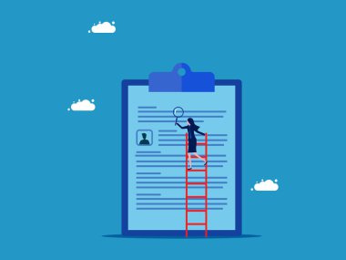 Çalışma kabiliyetini kontrol et. İş kadını, çalışan belgelerini incelemek için bir büyüteç kullanıyor. Vektör