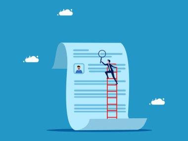 Çalışanları kontrol ediyorum. İşadamı çalışan belgelerini kontrol etmek için büyüteç kullanıyor. Vektör