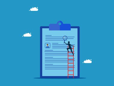 Çalışanları kontrol ediyorum. Adam çalışan belgelerini kontrol etmek için büyüteç kullanıyor. Vektör