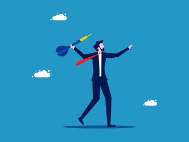 Niyet. İş adamı tüm gücüyle bir dart fırlatır. vektör