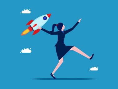 Geliştirmede hızlan. İş kadını tüm gücünle roket atıyor. Vektör