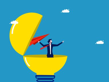 Bilginin tanıtımını hızlandır. İşadamı ampullerden roket fırlatıyor. Vektör