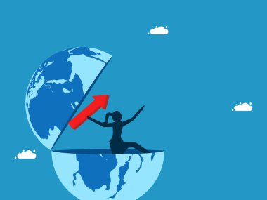 Dünya ekonomisinin gelişimini hızlandırın. İş kadını, kırmızı oku dünyadan attı. Vektör