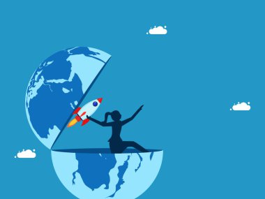 Dünya yeniliğinin gelişimini hızlandırıyor. İş kadını dünyanın dışına bir roket fırlattı. Vektör