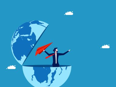 İşinizi dünya seviyesine çıkarın. İş adamı uzaya bir kağıt uçak fırlattı. Vektör