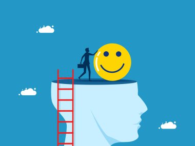 İyimser düşünceler. Mutluluk simgesi olan bir iş adamı koca kafanın üstünde duruyor. Vektör