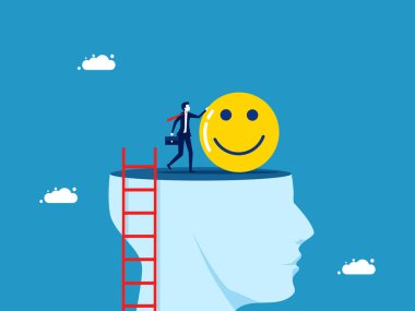 İyimser düşünceler. Mutluluk ikonu olan adam koca kafanın üstünde duruyor. Vektör