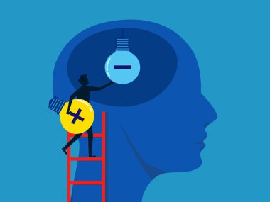 Beyindeki kavramları değiştir. Adam negatif ikonu pozitife dönüştürüyor. Vektör