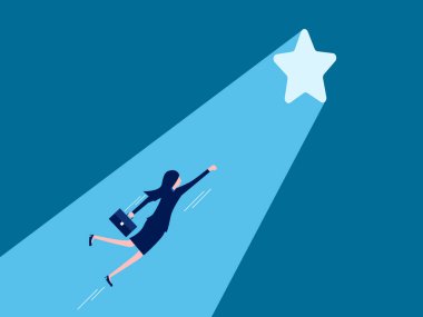 Başarı çok uzakta değil. İş kadını aydınlanan yıldıza doğru gidiyor. Vektör