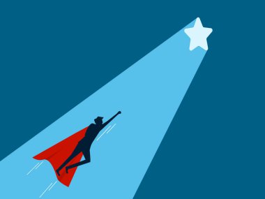 Kariyer başarısına giden yolu keşfet. İşadamı kahraman ışığıyla yıldızlı kapıya doğru gidiyor. Vektör