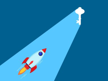 Başarının anahtarı. İşadamı roketle giriş kapısına doğru gidiyor. Vektör