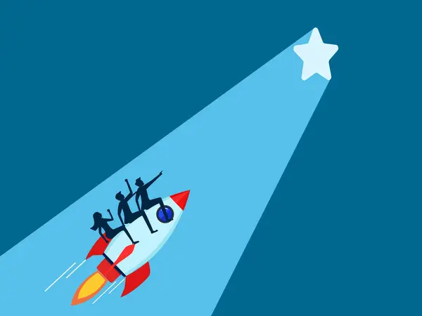 Éxito Organización Equipo Hombres Negocios Volando Cohete Que Dirige Hacia — Vector de stock